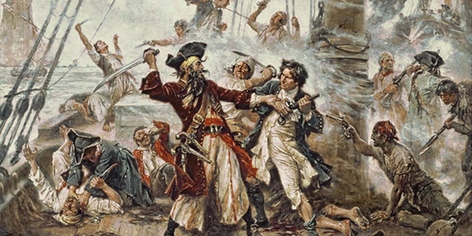 Een schilderij van piraten die vechten op een schip.