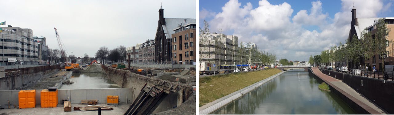 De Catharijnebaan was een vierbaansweg in Utrecht die is verbouwd naar de Catharijnesingel. Links de verbouwing in volle gang (2011), rechts het resultaat (2016).