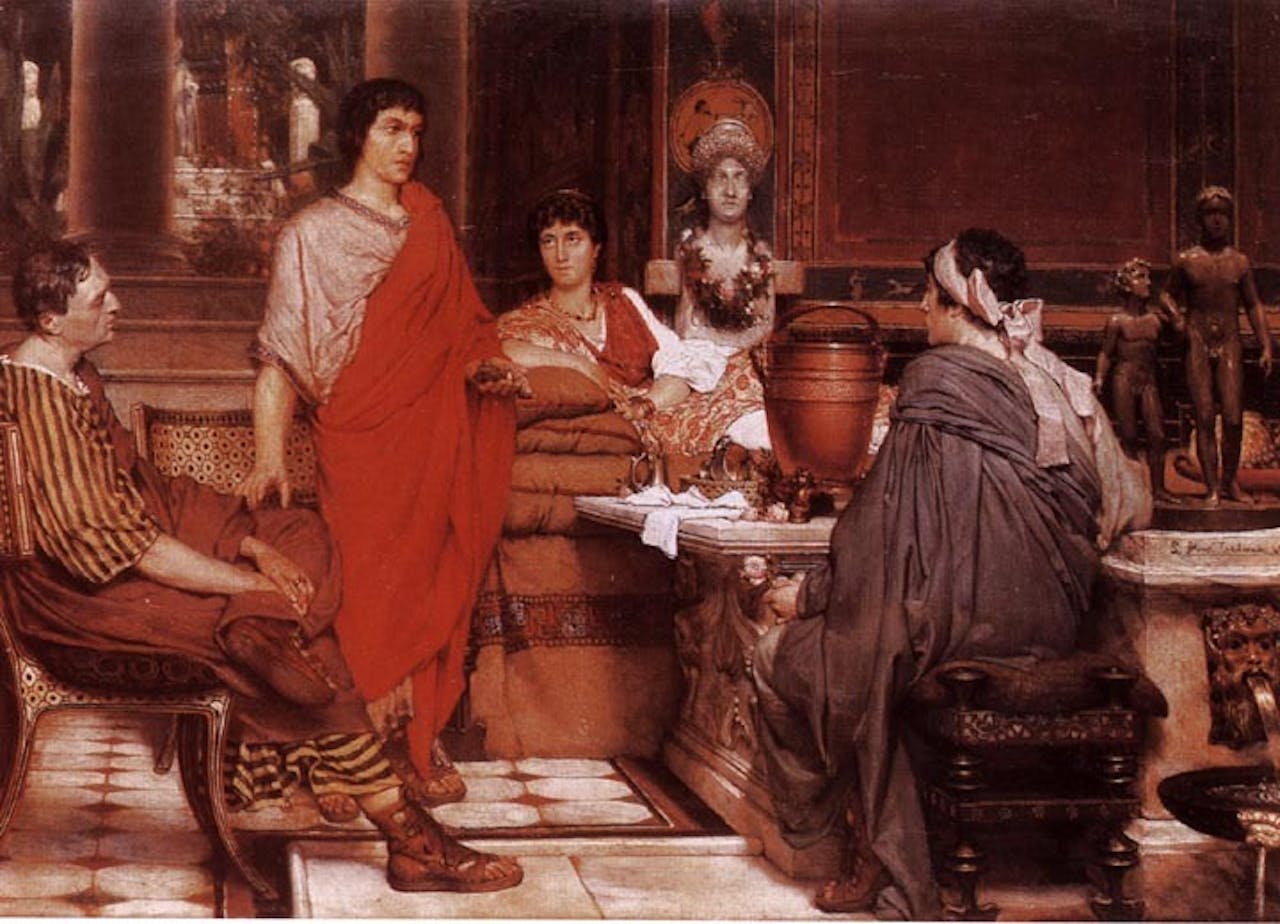 Liefdesdichter Catullus bij zijn beminde Lesbia, (Sir Laurence Alma Tadema, 1865).