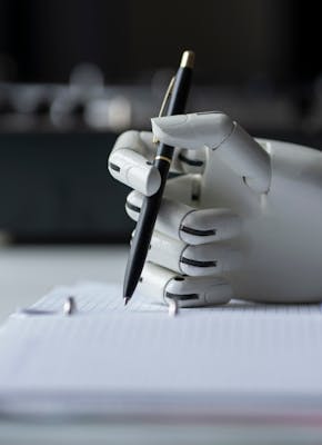 Een robothand die met een pen in een notitieboekje gaat schrijven.