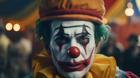Clowns zijn inmiddels zo vaak opgevoerd in horrorfilms, dat veel mensen bang voor ze zijn geworden. Een deprimerende clown die recht de lens in kijkt in een donkere omgeving