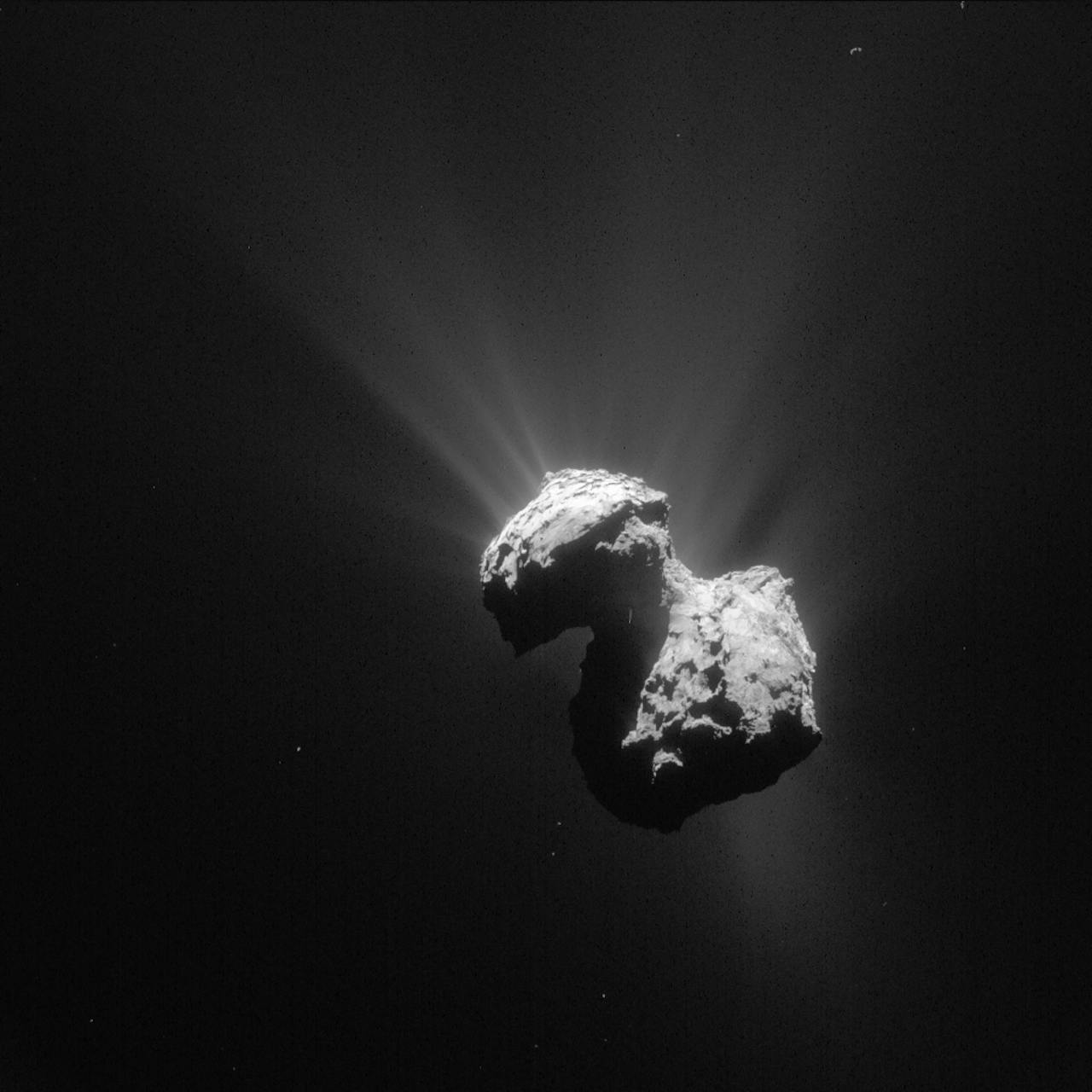 Een komeet van dichtbij gefotografeerd in zwart-wit.