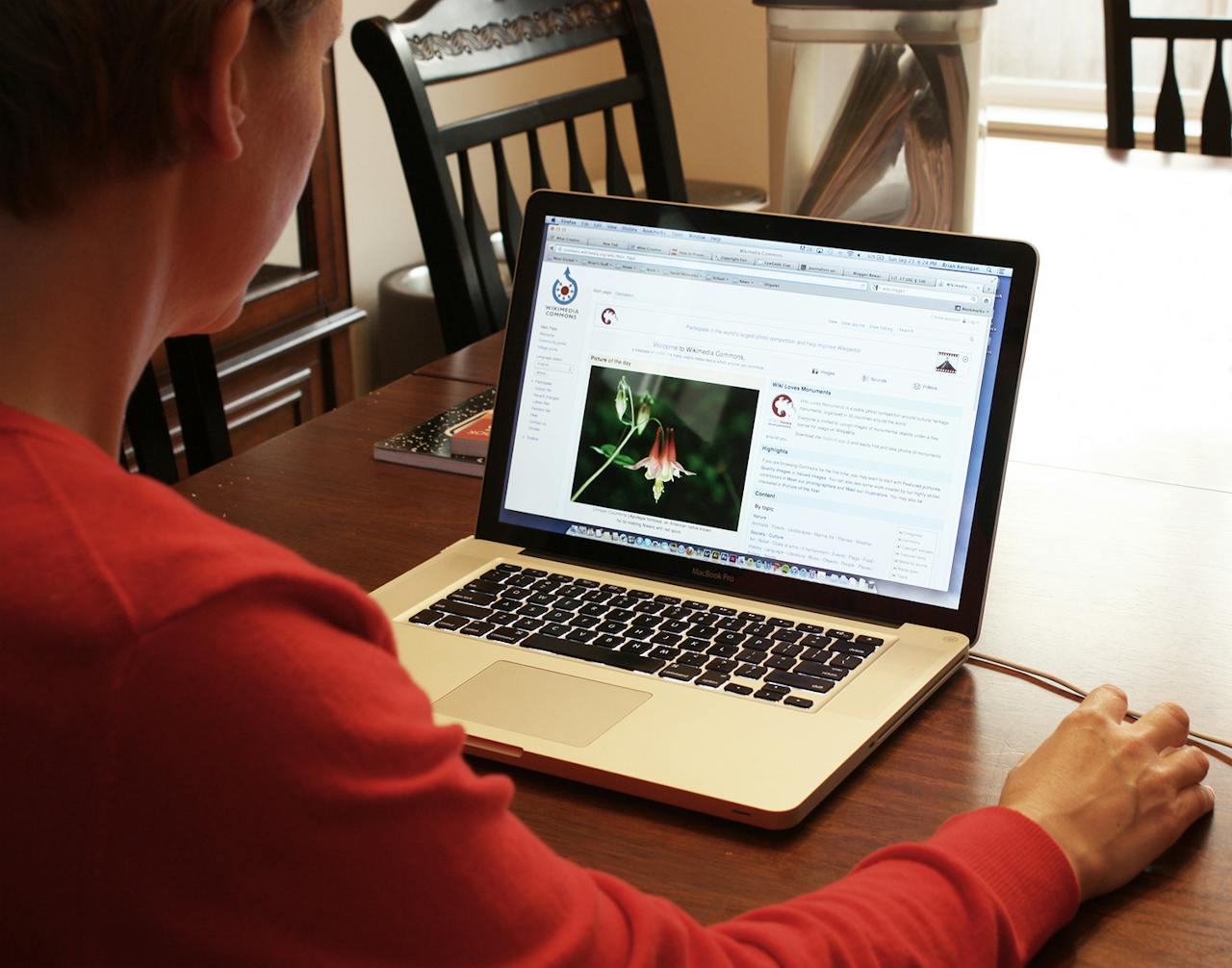 Een vrouw zit aan een tafel met een laptop erop. Op haar scherm is een bloem te zien.