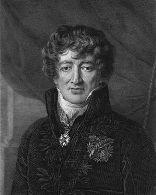 Georges Cuvier, met zijn karakteristieke wilde haardos. Schilderij van Georges Cuvier met wilde haardos.