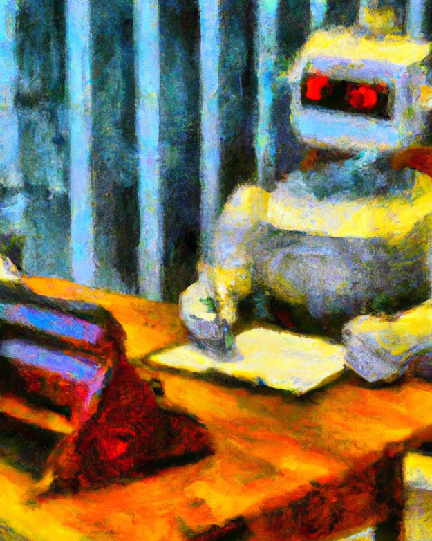 “an impressionist oil painting of a robot writing with pen and paper and sitting behind a desk”
Created with DALL·E, an AI system by OpenAI Een schilderij van een robot die aan een bureau zit.