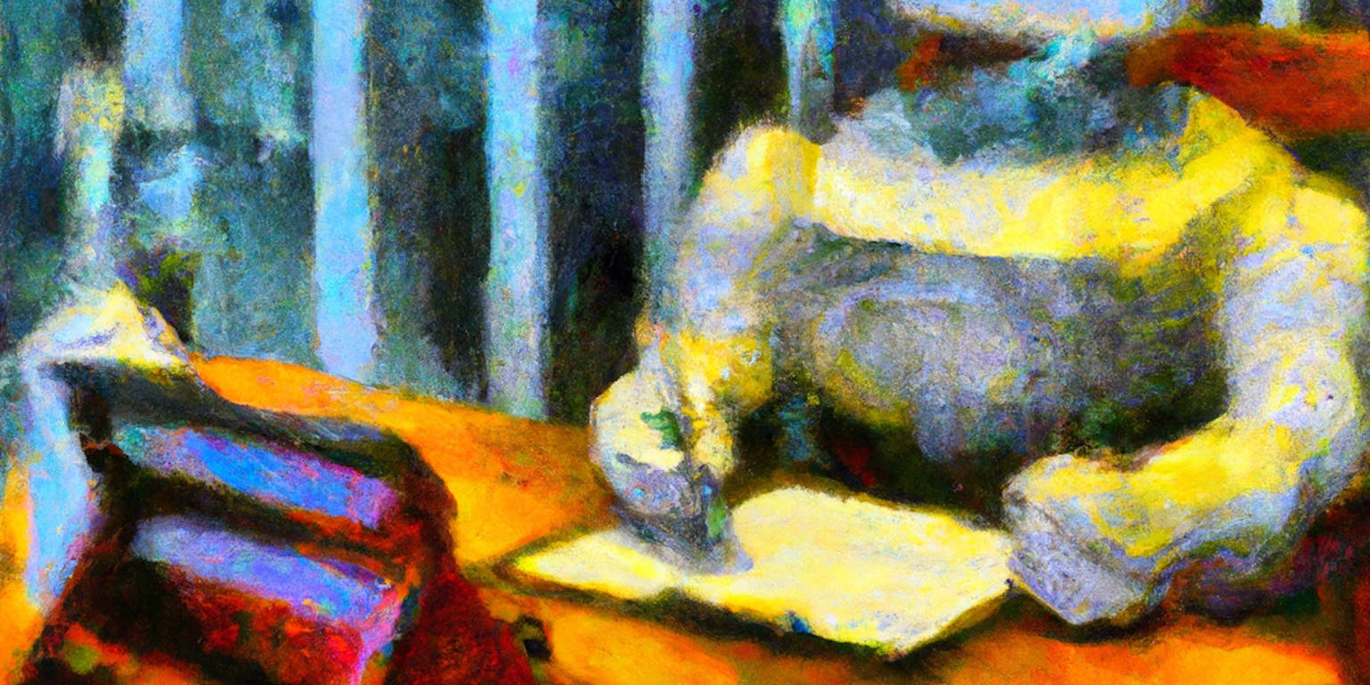 Een schilderij van een robot die aan een bureau zit.