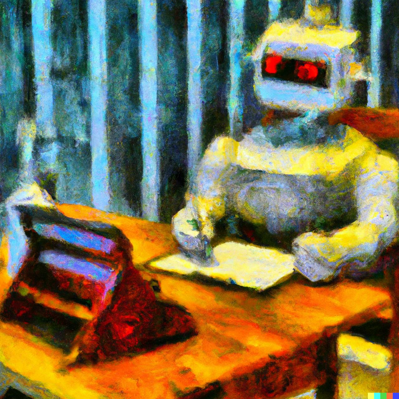 Een schilderij van een robot die aan een bureau zit.