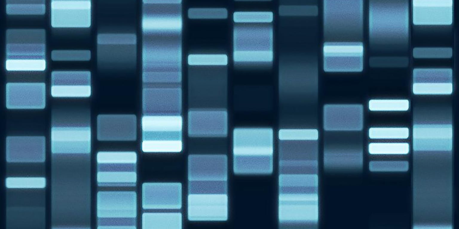 Blauwe DNA-banden op een donkere achtergrond.