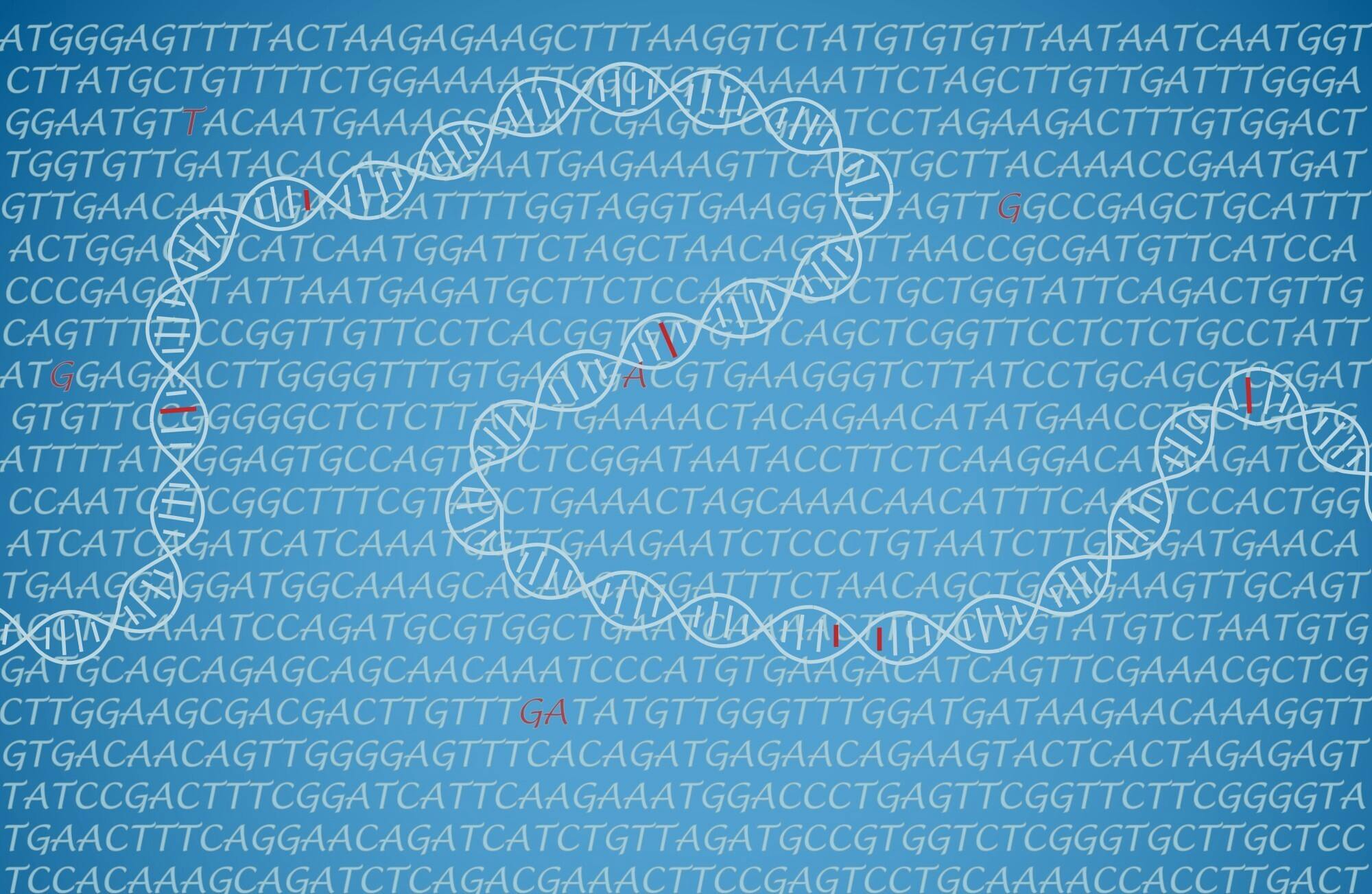 DNA-strengen op een blauwe achtergrond met letters.