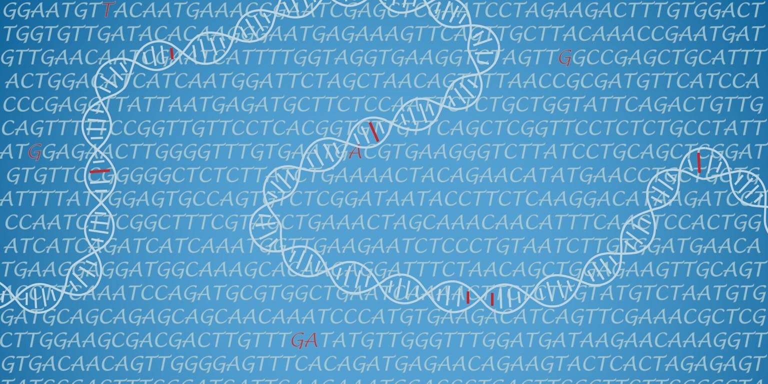 DNA-strengen op een blauwe achtergrond met letters.