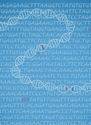 DNA-strengen op een blauwe achtergrond met letters.
