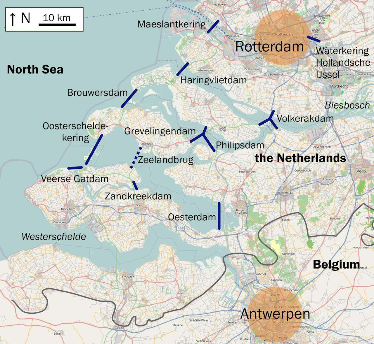 Een kaart van de Deltawerken in België en Nederland.