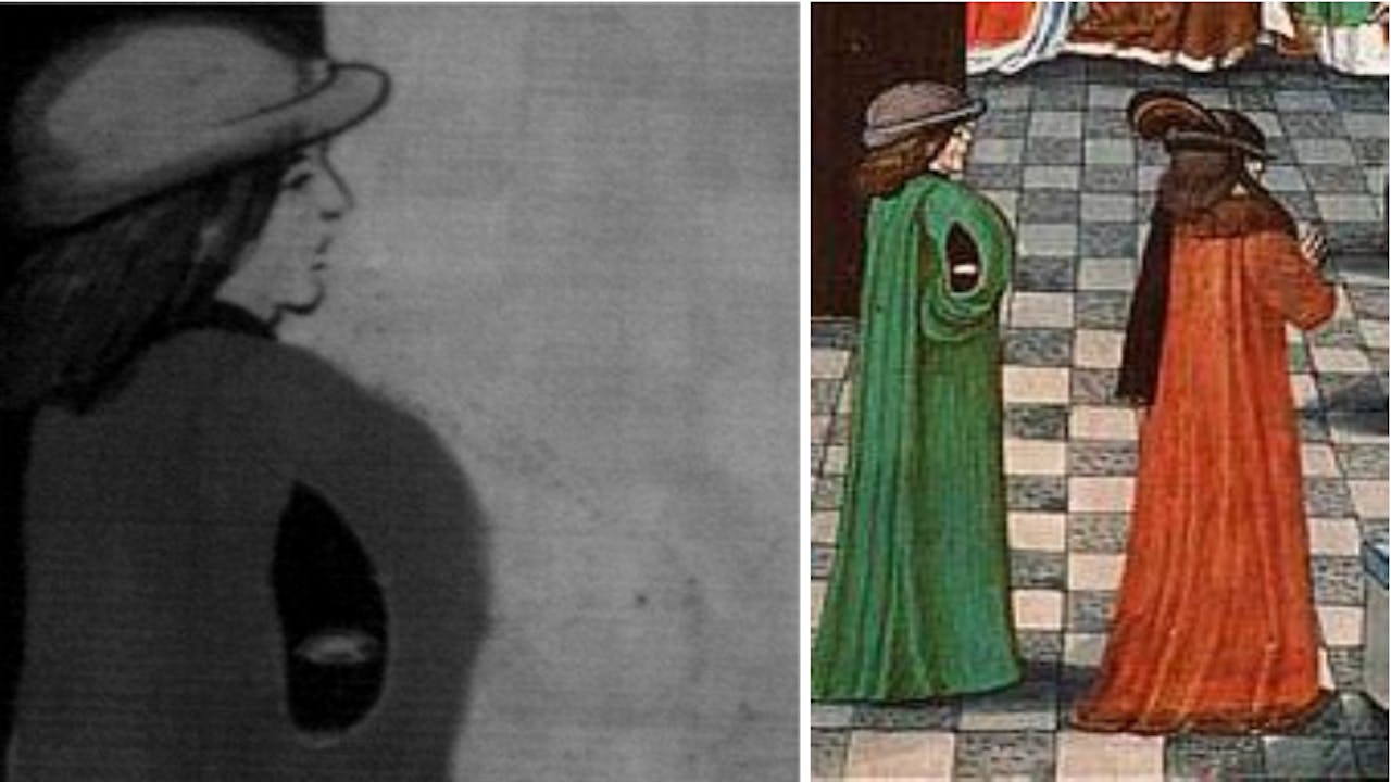 Detail van een voorgrondfiguur: Hendrik V wordt gekroond tot koning van Engeland.
Op de ondertekening (links) is te zien dat de arm van de man in het groen in eerste instantie hetzelfde was getekend als bij de man in het rood. Om meer variatie aan te brengen, heeft de miniaturist de ondertekening niet gevolgd en schilderde hij de man met zijn arm in de zij.
Chroniques dʼAngleterre, , Brugge, ca. 1470-1480. (Den Haag, Koninklijke Bibliotheek, Ms. 133 A 7, deel III, fol. 1r)