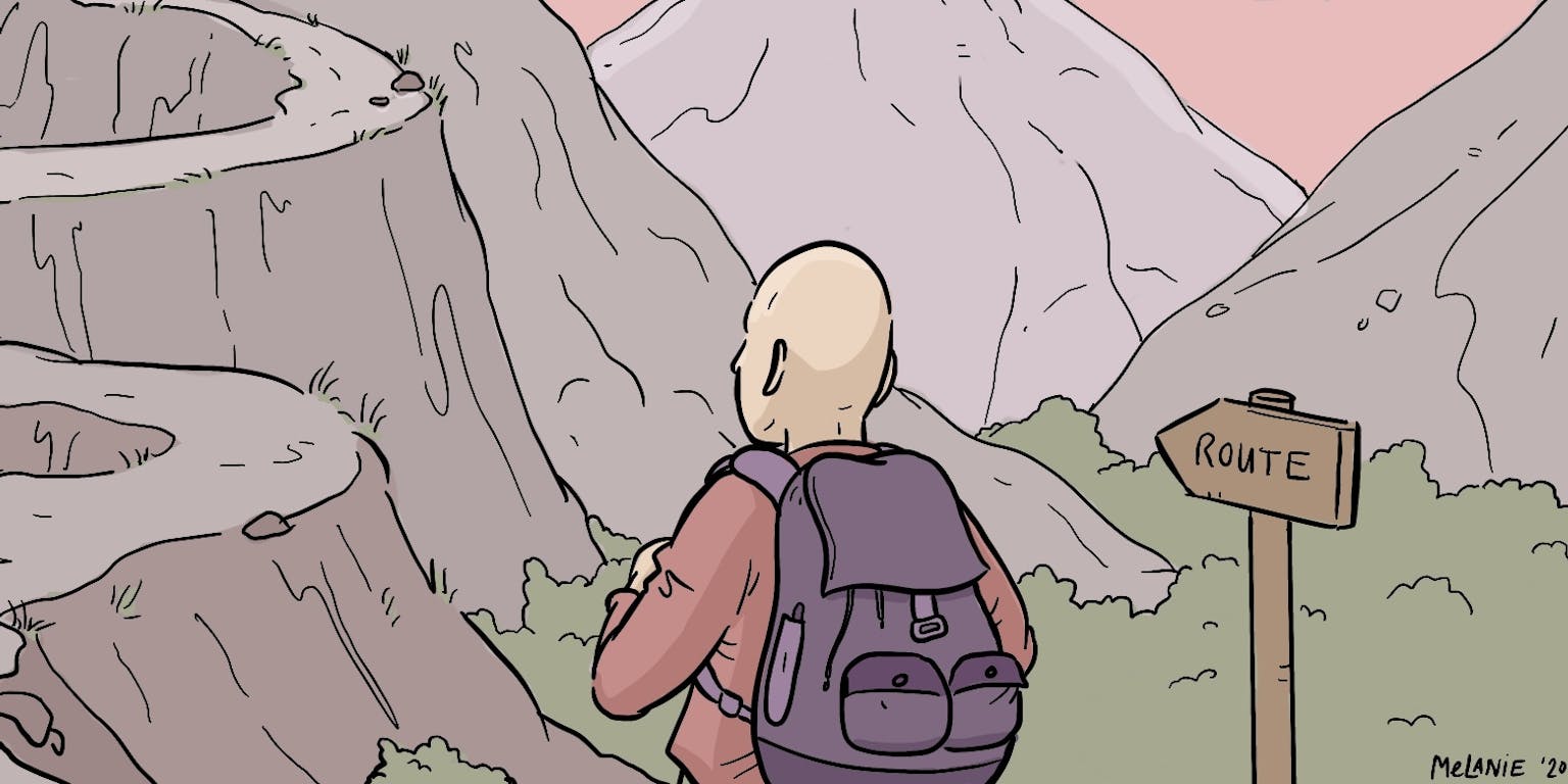 Een cartoonillustratie van een persoon met een rugzak. Er zijn bergen en een routebord te zien.