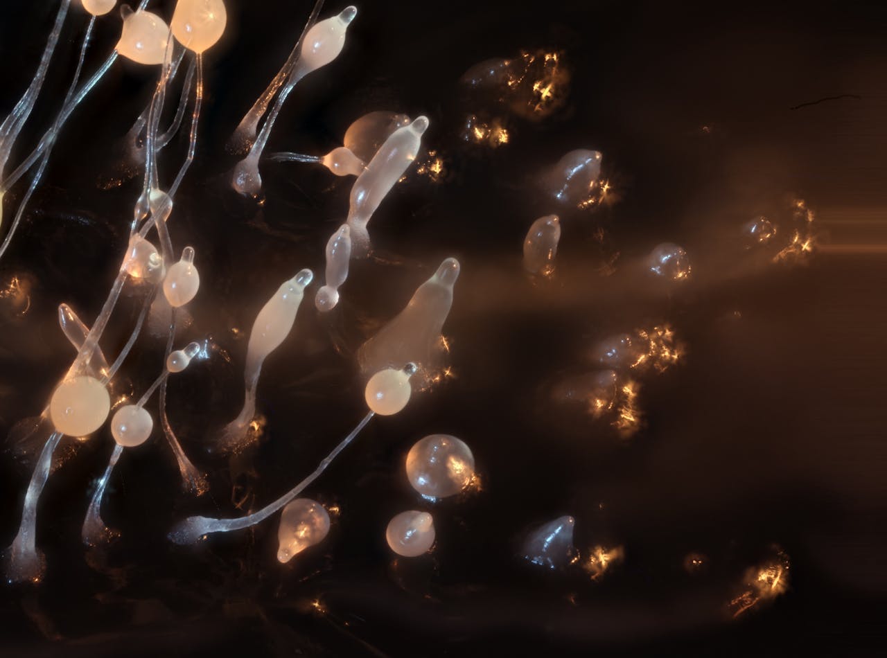 Een groep slijmschimmels Dictyostelium discoideum op een donkere achtergrond.