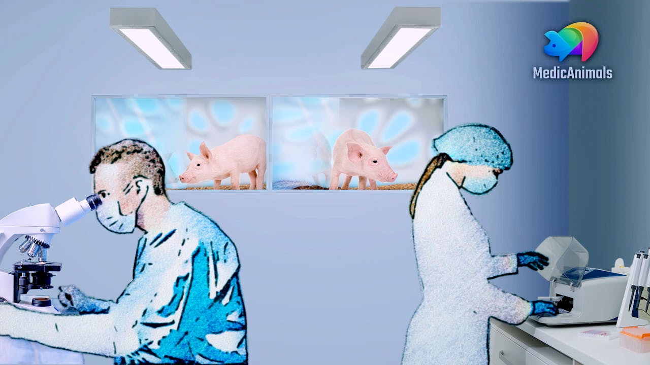 Een tekening van twee mensen die in een laboratorium werken. Op de achtergrond zijn twee schilderijen met varkens te zien.