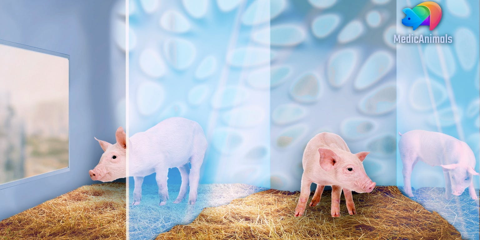 Varkens in een eigen hok, gescheiden door een glazen plaat. Op de grond ligt stro.