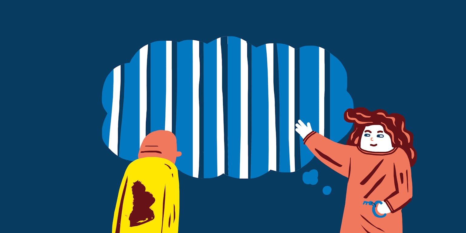 Een illustratie van een man en een vrouw met een gedachteballon waarin tralies zijn afgebeeld.