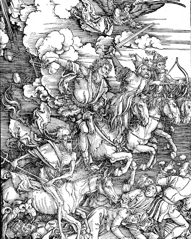 In de christelijke geloofstraditie komt ook een einde der tijden voor, die wordt ingeluid door de Vier Ruiters van de Apocalyps. Gravure van Albrecht Dürer, die de vier ruiters van de apocalyps toont