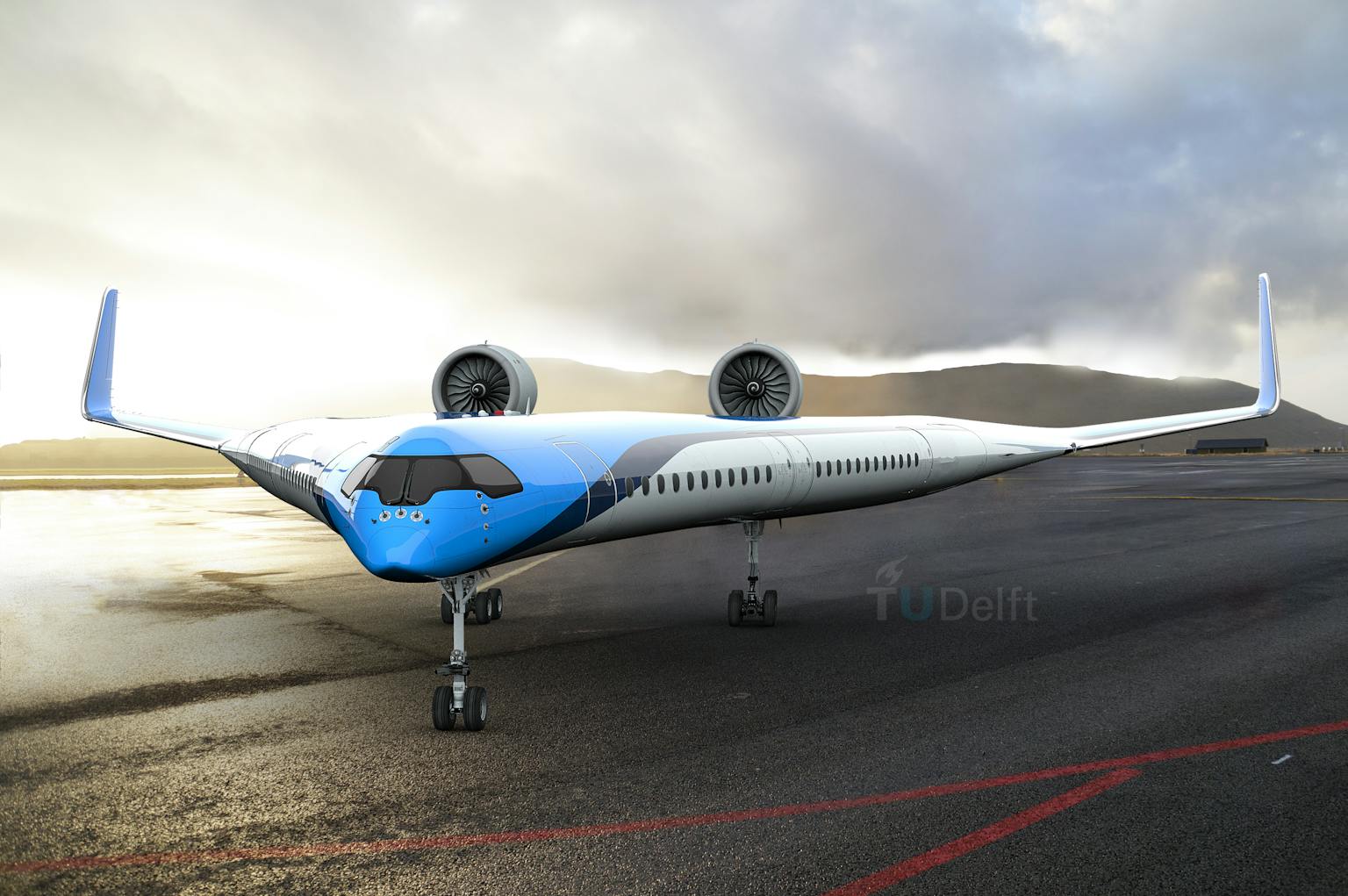 Een schaalmodel van Universiteit Delft: een vliegtuig zonder romp of staart, ook wel de Flying-V genoemd.