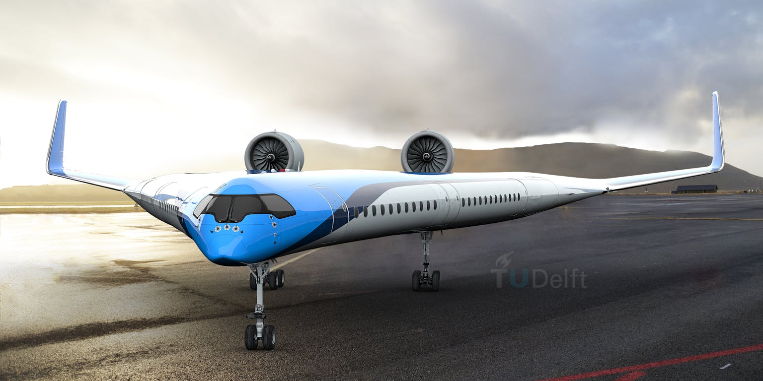 Een schaalmodel van Universiteit Delft: een vliegtuig zonder romp of staart, ook wel de Flying-V genoemd.