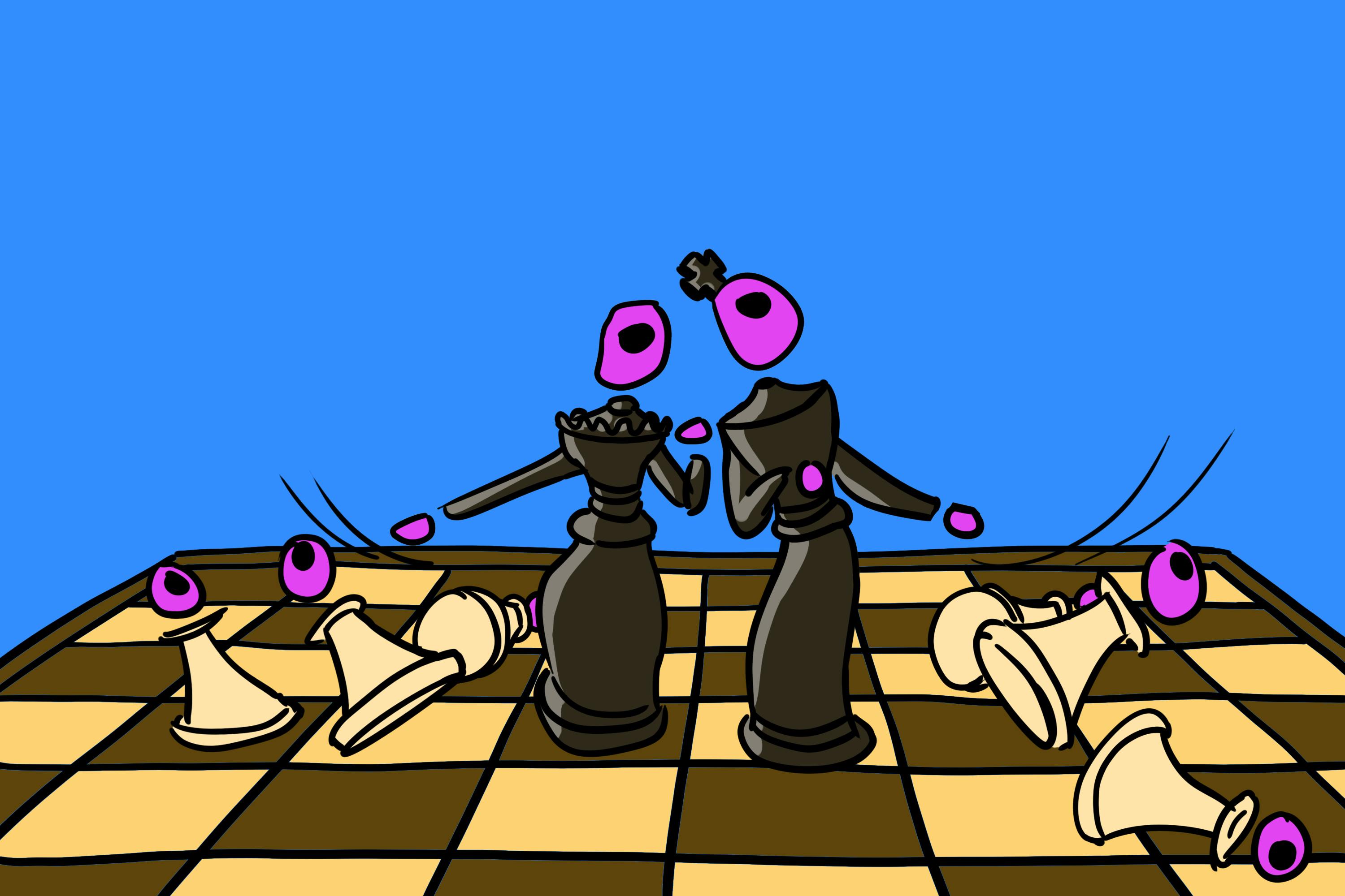 Schaakbord met omvallende pionnen