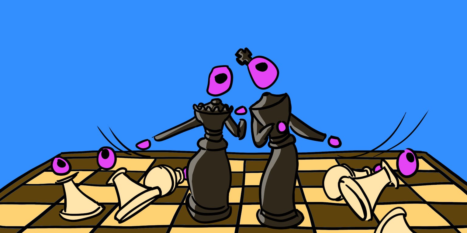 Schaakbord met omvallende pionnen