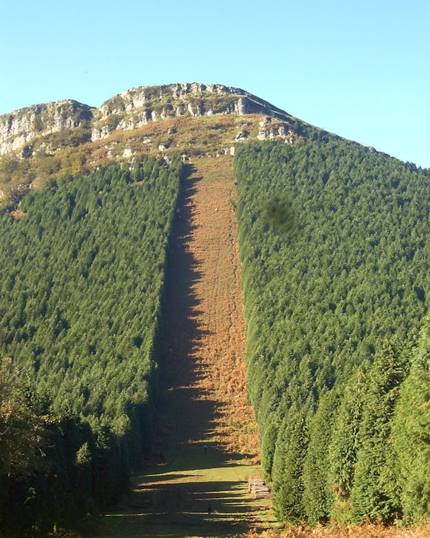 Een brandgang op de Spaanse berg Eretza. Een breed pad op een berghelling met aan beide zijden naaldbomen.
