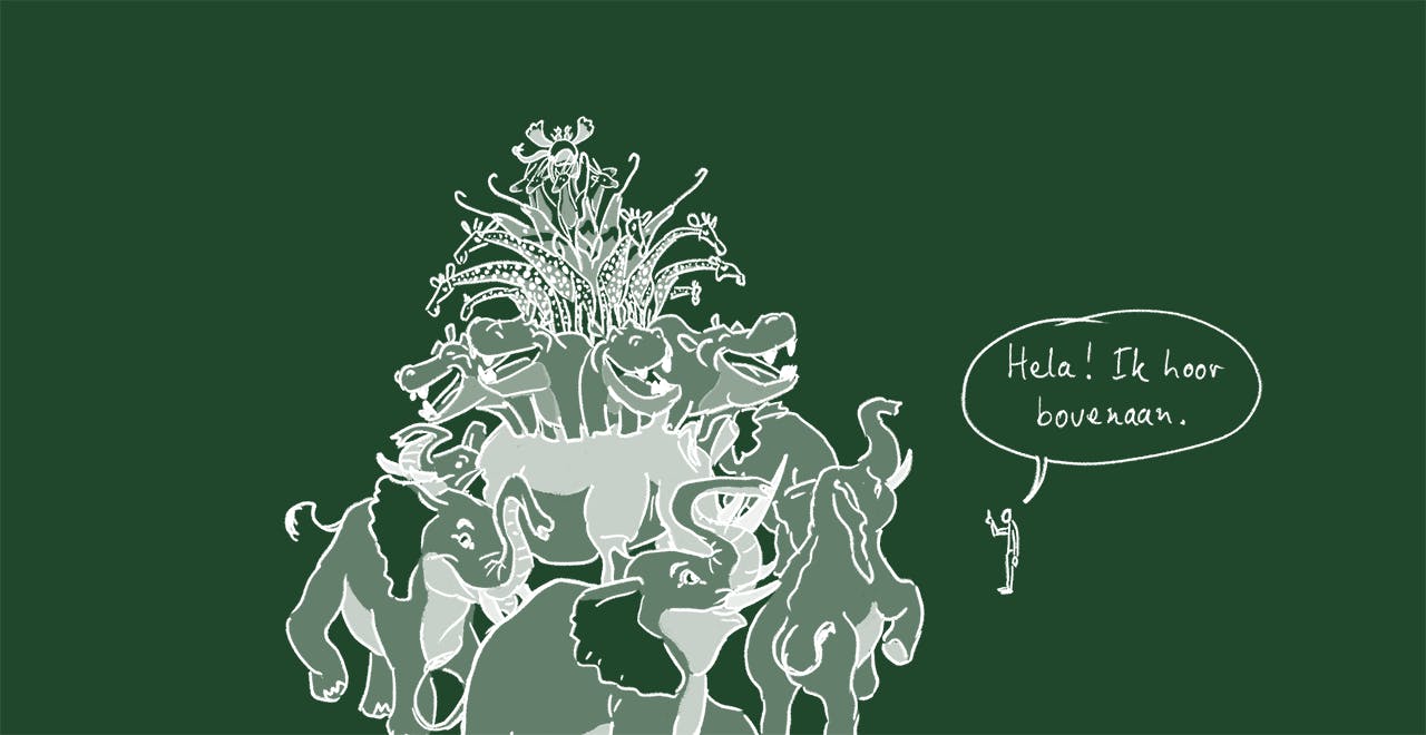 Een tekening waarop een mens tegen dieren zegt dat hij bovenaan in de hiërarchie komt.