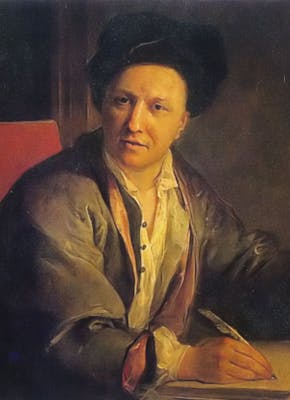 Een schilderij Bernard le Bovier de Fontenelle. Een man schrijft met een verenpen in een boek.
