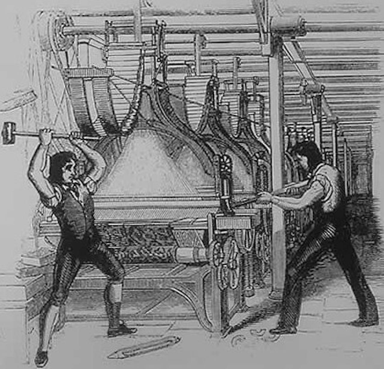 Een zwart-wit tekening van twee mannen aan het werk in een fabriek.