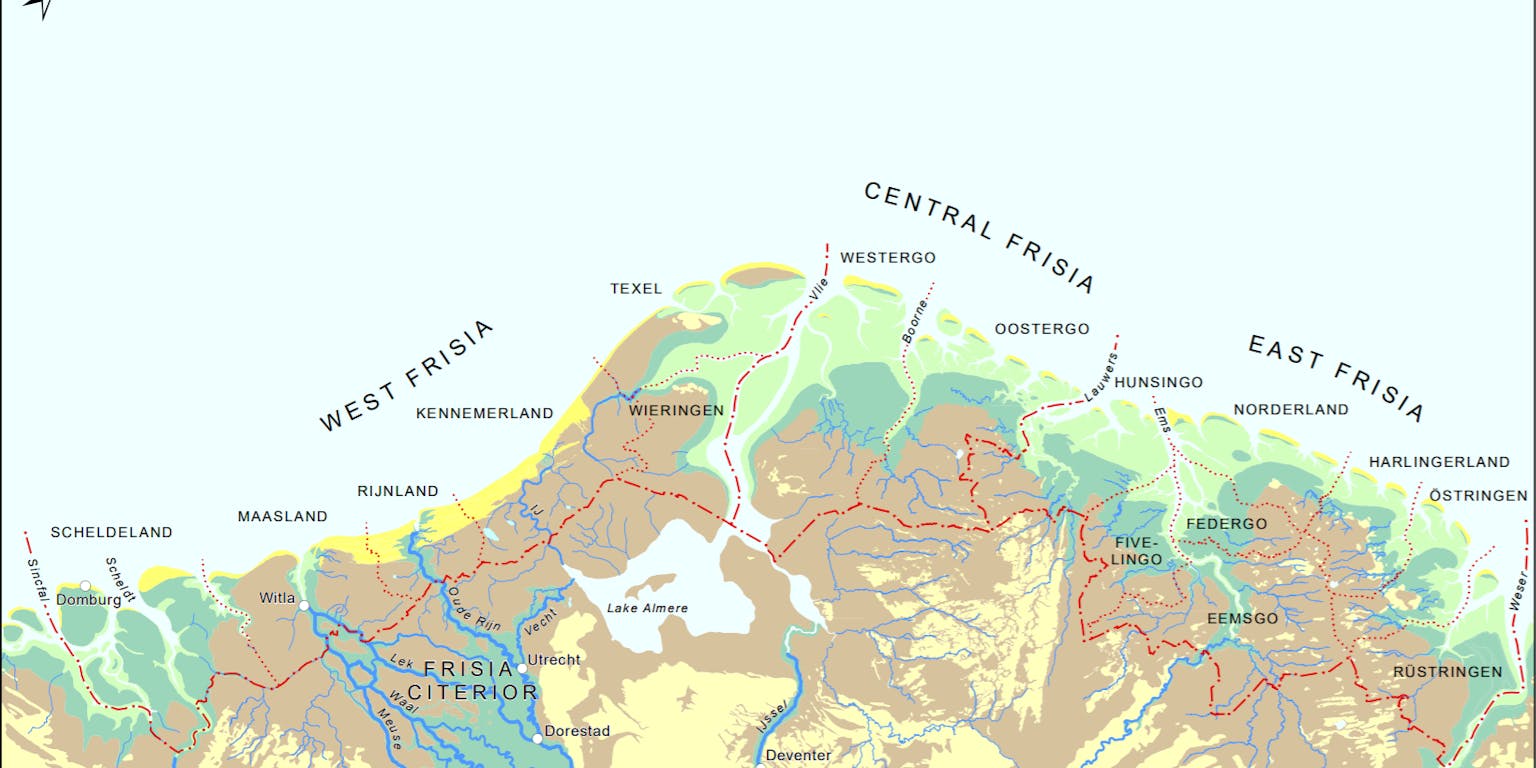 Een landkaart die Magna Frisia laat zien, het grote Friese rijk rond het jaar 800..
