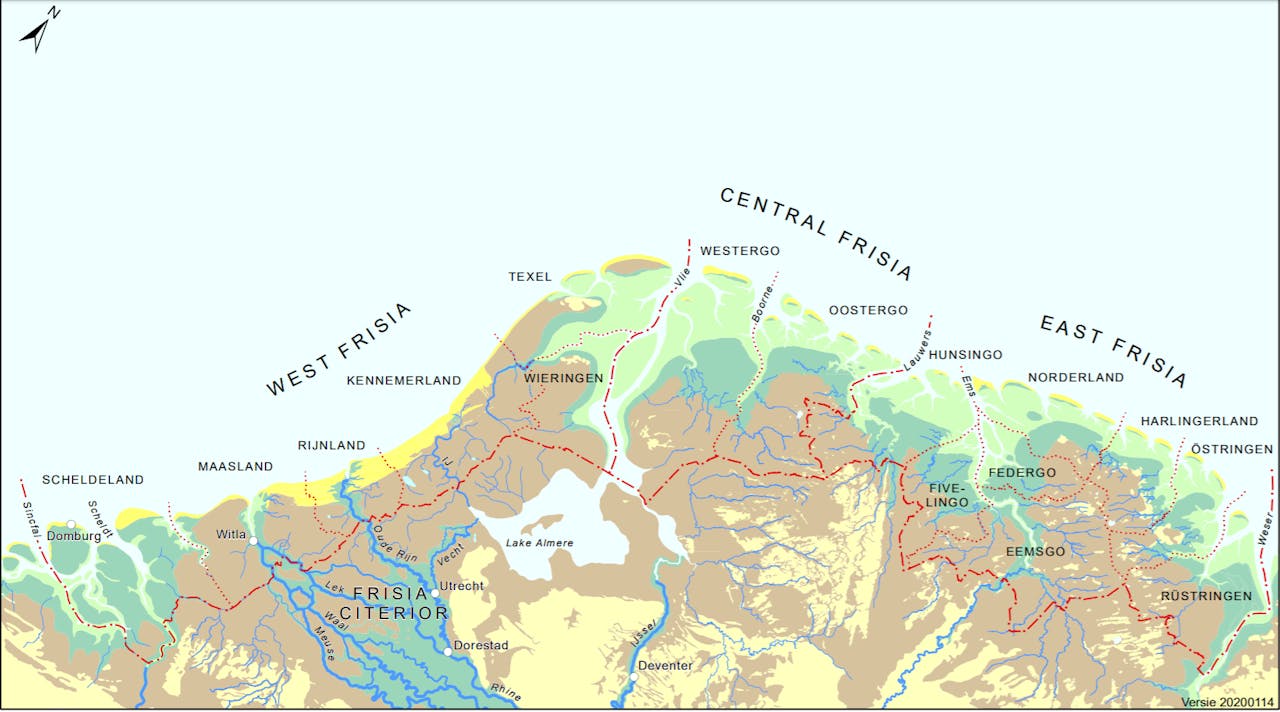 Een landkaart die Magna Frisia laat zien, het grote Friese rijk rond het jaar 800..