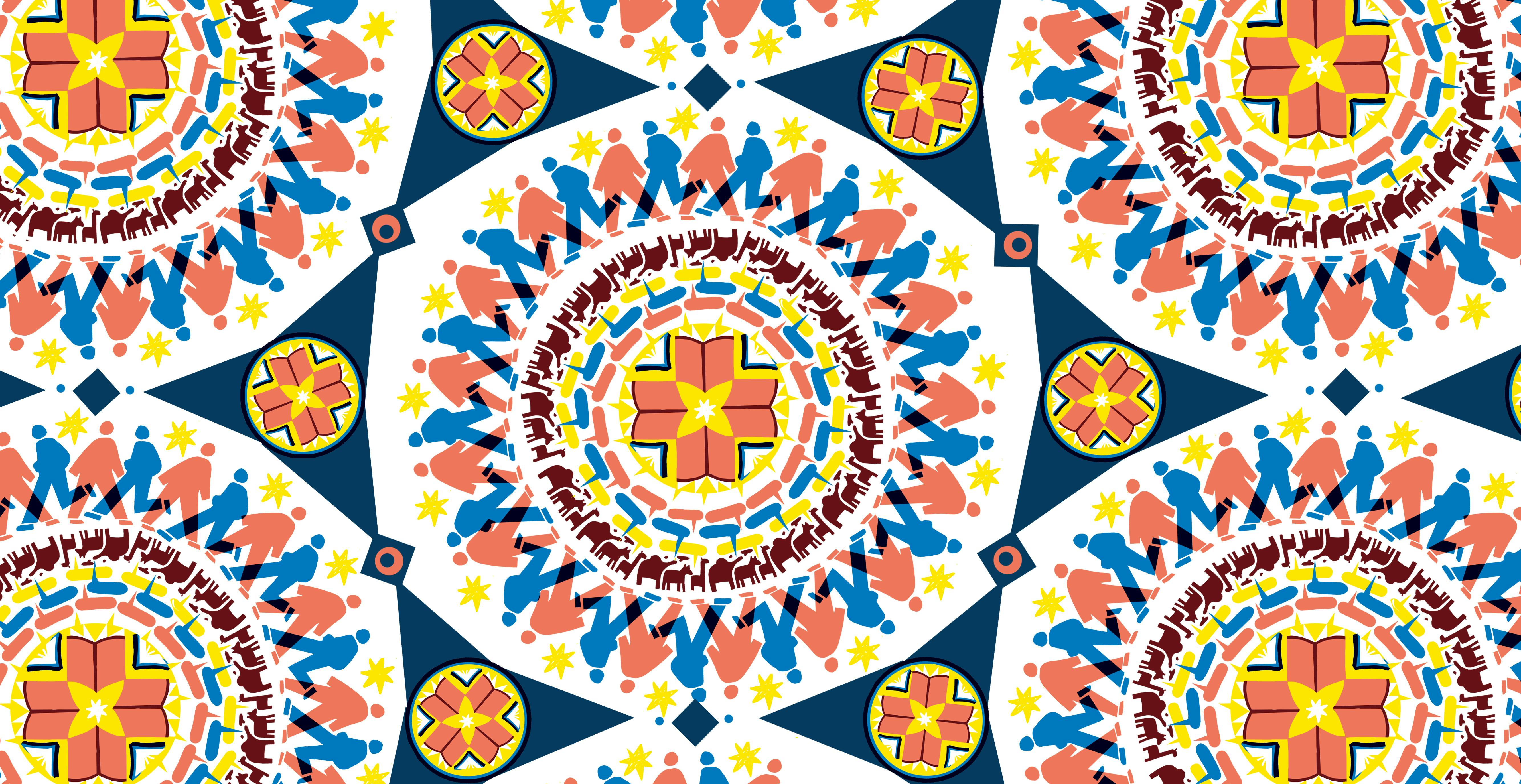 Illustratie van een kleurrijk mandalapatroon op een witte achtergrond.