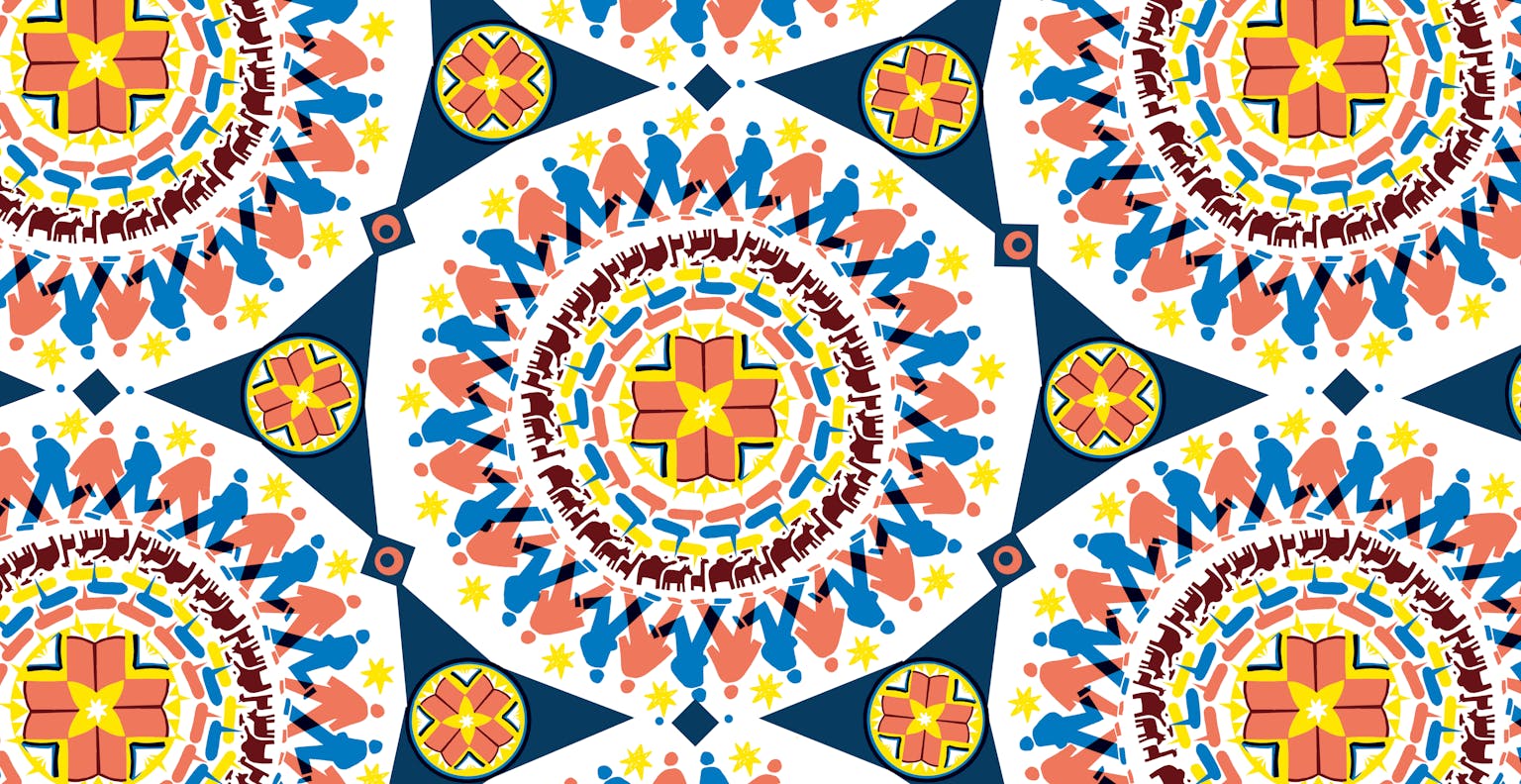 Illustratie van een kleurrijk mandalapatroon op een witte achtergrond.