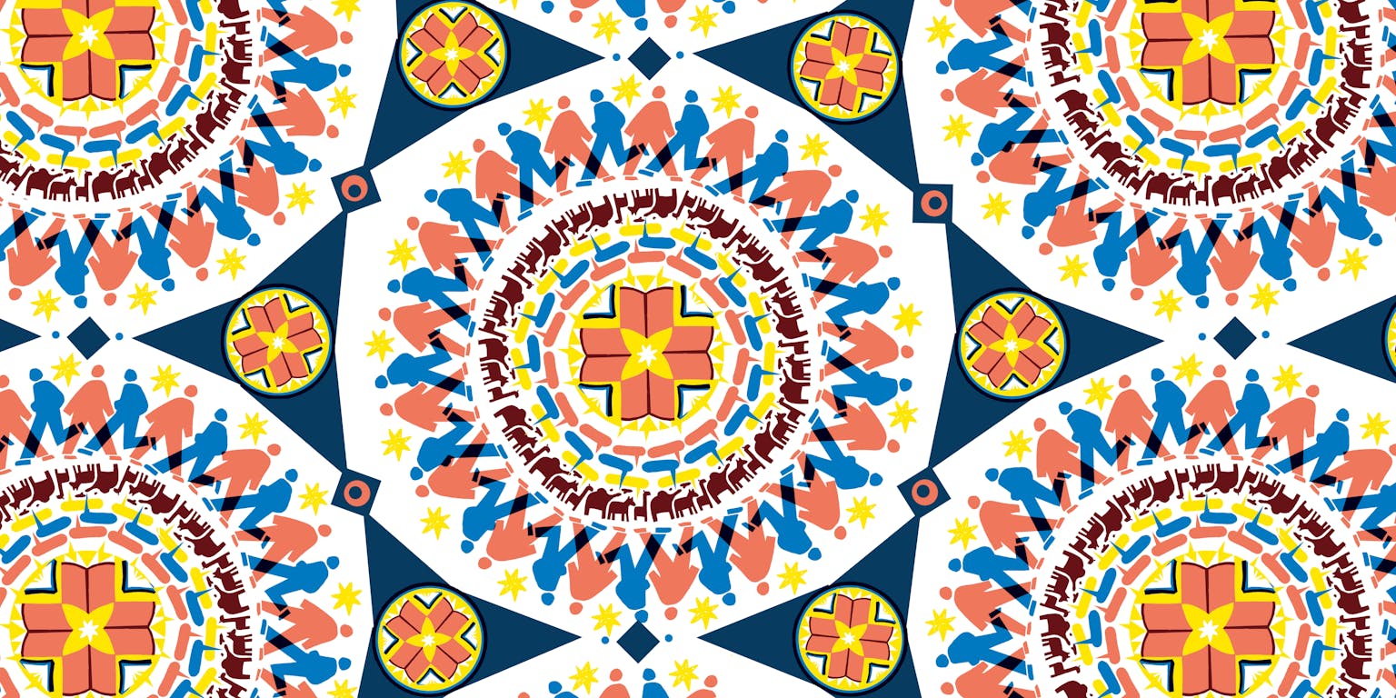 Illustratie van een kleurrijk mandalapatroon op een witte achtergrond.