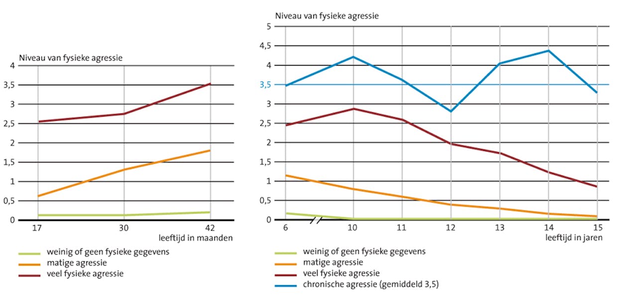 Twee grafieken die het niveau van fysieke agressie weergeven. Op de andere as wordt de leeftijd uitgedrukt.