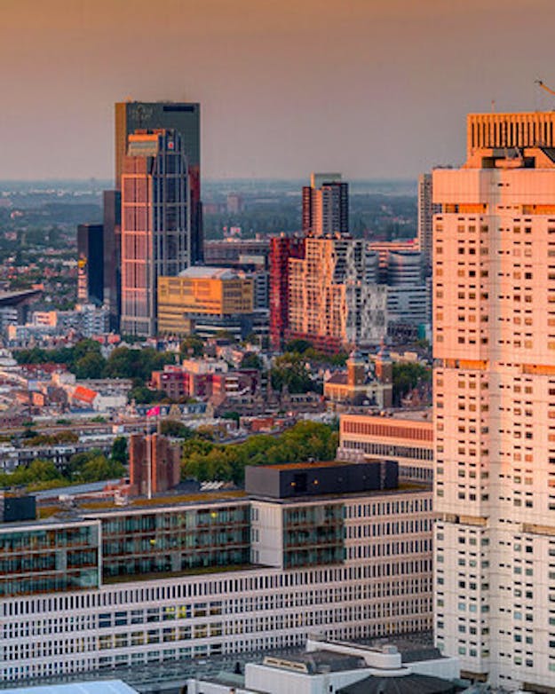 Amber werkt in het Erasmus MC, maar is ook regelmatig te vinden in Rotterdam Ommoord, voor het Erasmus Rotterdam Gezondheid Onderzoek (ERGO) oftewel de Rotterdam Studie landschap met het erasmus mc uitgelicht in de ondergaande zon