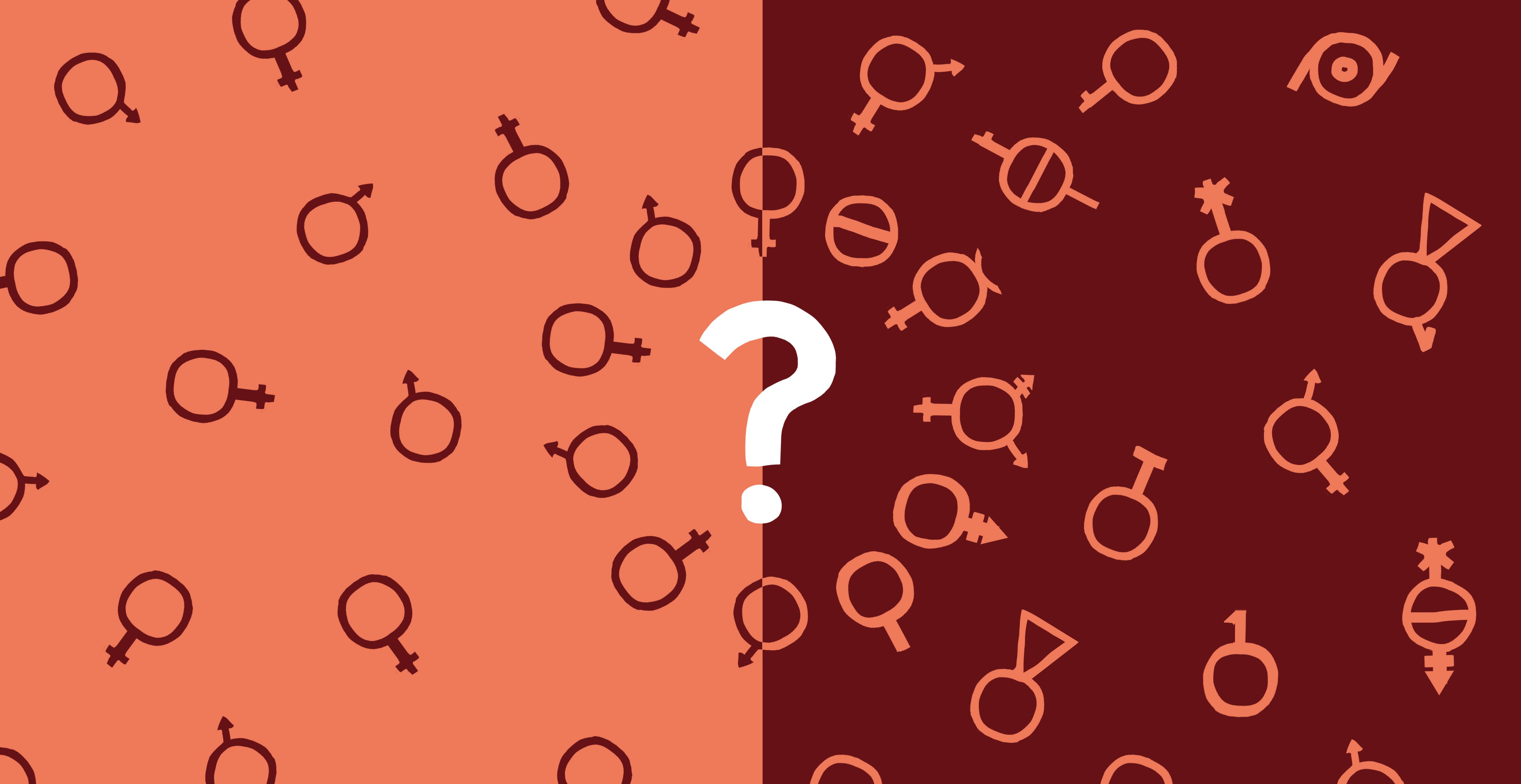 Verschillende geslachtssymbolen rond een vraagteken.