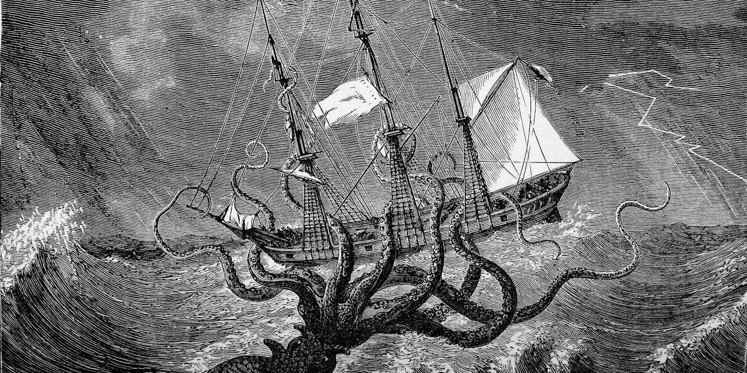 Een 19e eeuwse tekening van de 'Kraken', een enorme inktvis die zeeschepen aanvalt. De Kraken komt veel voor in verhalen, maar lijkt niet echt te bestaan.