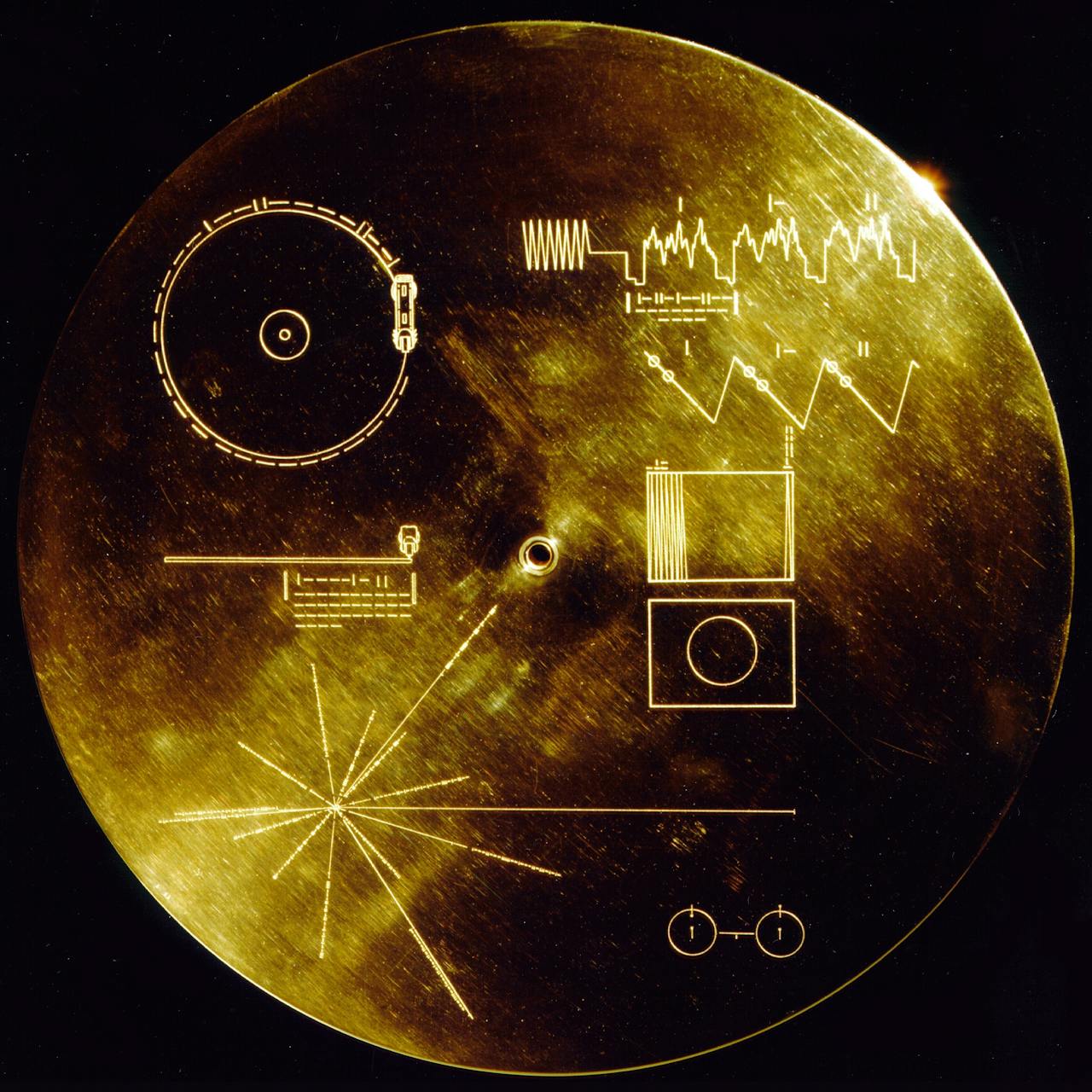 Een afbeelding van gouden plaat Voyager met daarop verschillende voorwerpen.