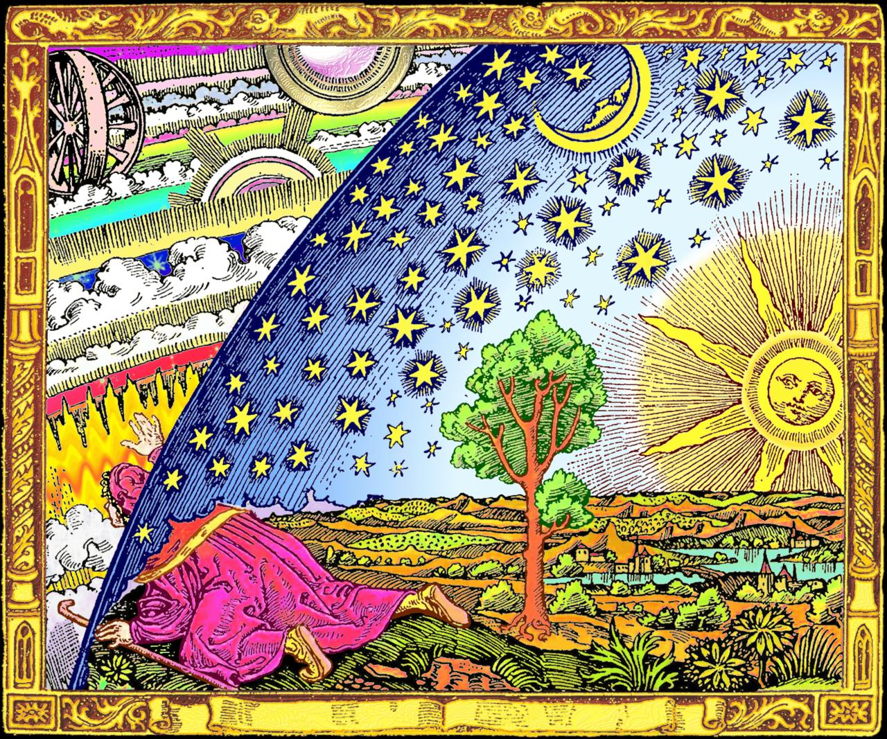 Een kleurrijk schilderij van een man in een veld die door de hemel heen grijpt naar het universum.
