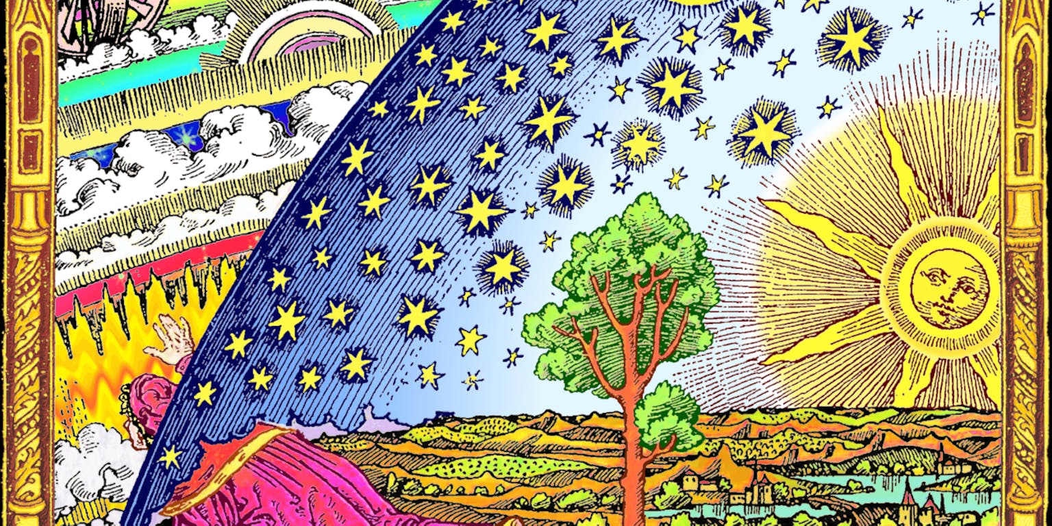 Een kleurrijk schilderij van een man in een veld die door de hemel heen grijpt naar het universum.