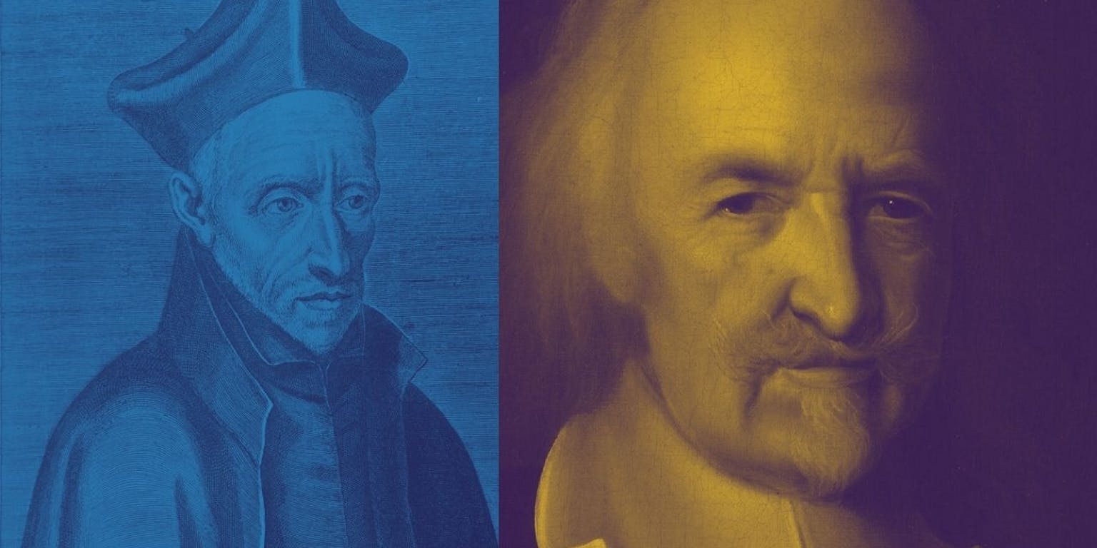 Francesco Suarez links, Thomas Hobbes rechts