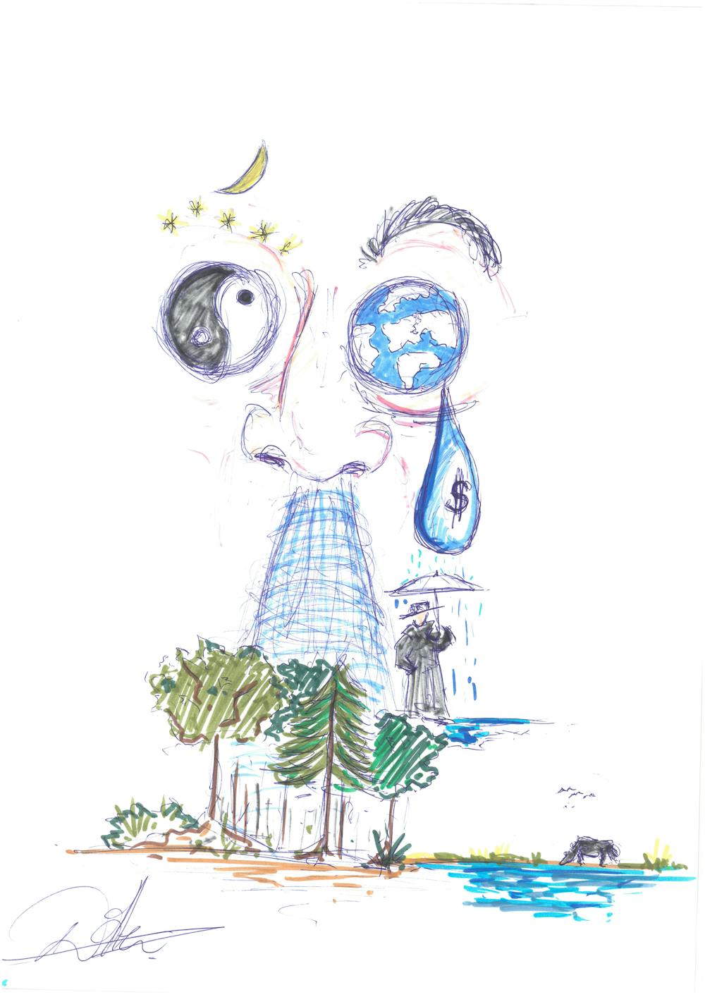 Een tekening van een gezicht waarop het ene oog het yin yang-teken is en het andere de aardbol. Daaruit vloeit een traan met een dollarteken erop die op een vrouw met een paraplu valt.