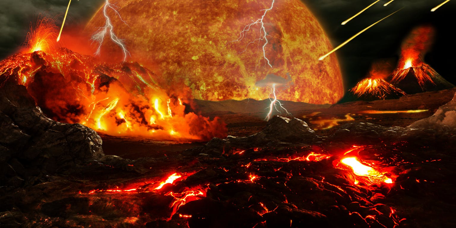 Een impressie van een landschap van de zeer jonge aarde. Vulkanen en meteorietinslagen zorgen ervoor dat een groot deel van het oppervlak uit vloeibaar gesteente bestaat.