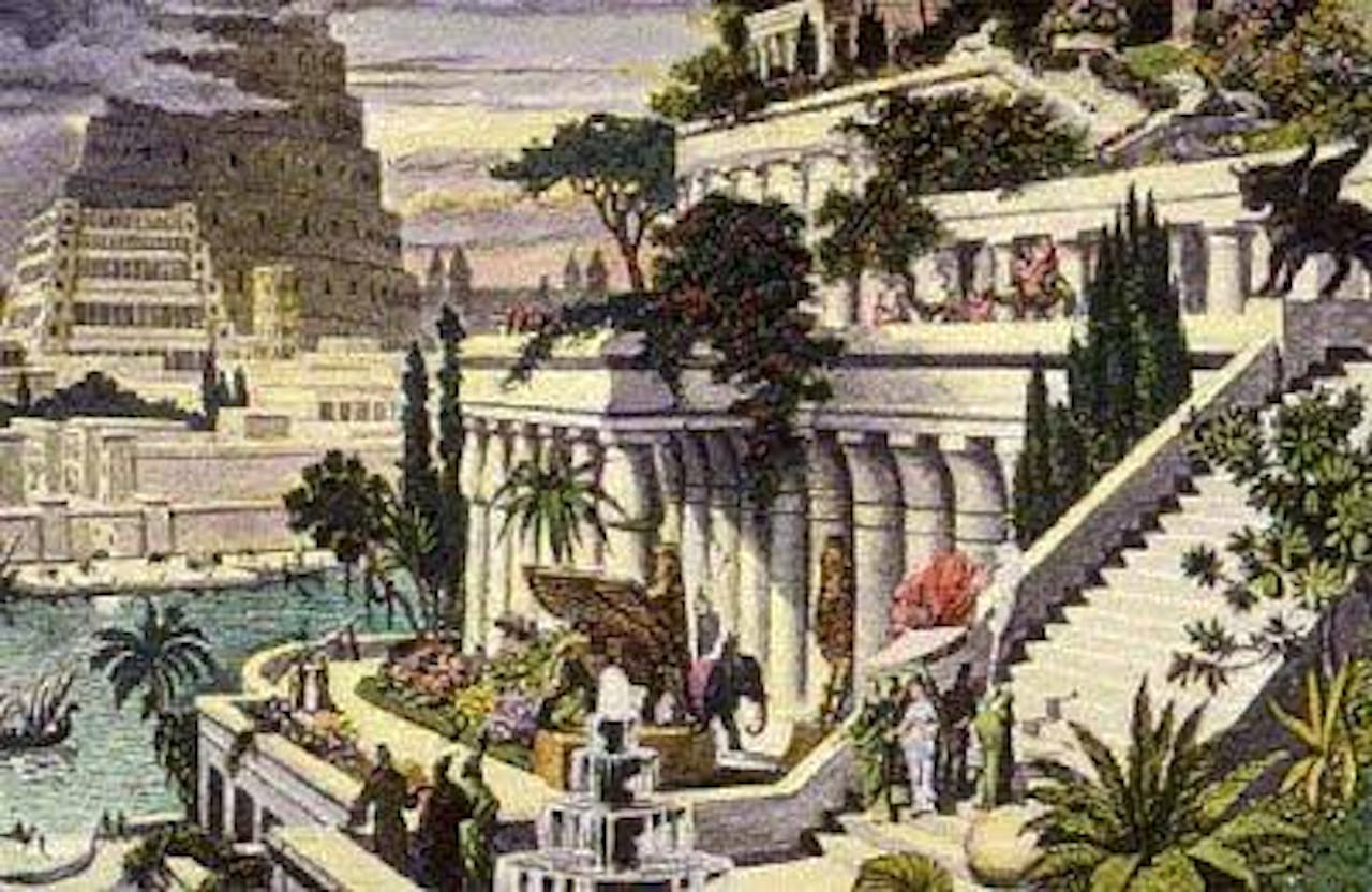 Een schilderij van Maarten van Heemskerck: de (mythische) hangende tuinen van Babylon, met op de achtergrond de toren van Babel.
