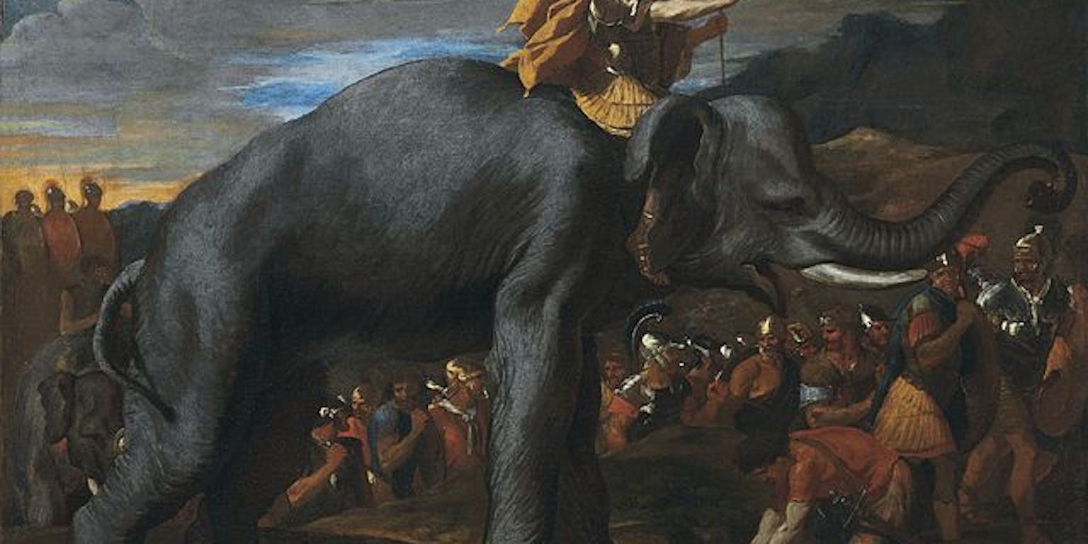Het schilderij 'Hannibal trekt de Alpen over op een olifant' door de Franse schilder Nicolas Poussin. Het barok schilderij laat Hannibal op een olifant zien die samen met zijn manschappen de Alpen oversteekt.