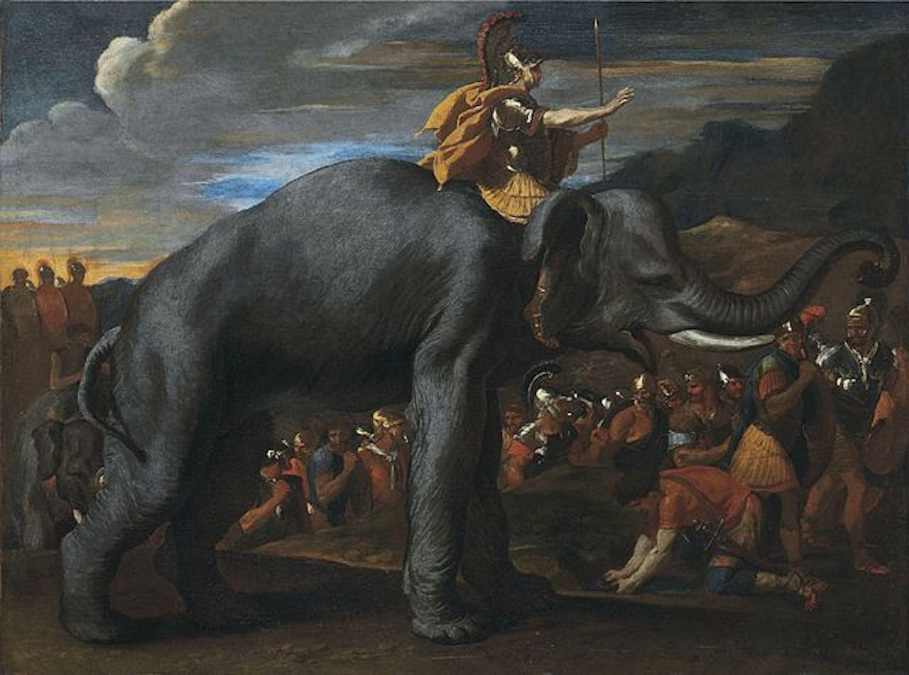 Het schilderij 'Hannibal trekt de Alpen over op een olifant' door de Franse schilder Nicolas Poussin. Het barok schilderij laat Hannibal op een olifant zien die samen met zijn manschappen de Alpen oversteekt.