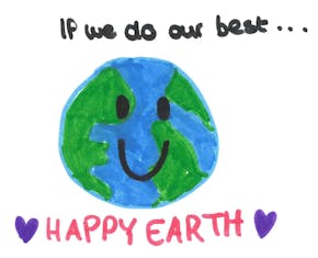 Een tekening van een gelukkige aarde met daarbij de tekst 'if we do our best'.